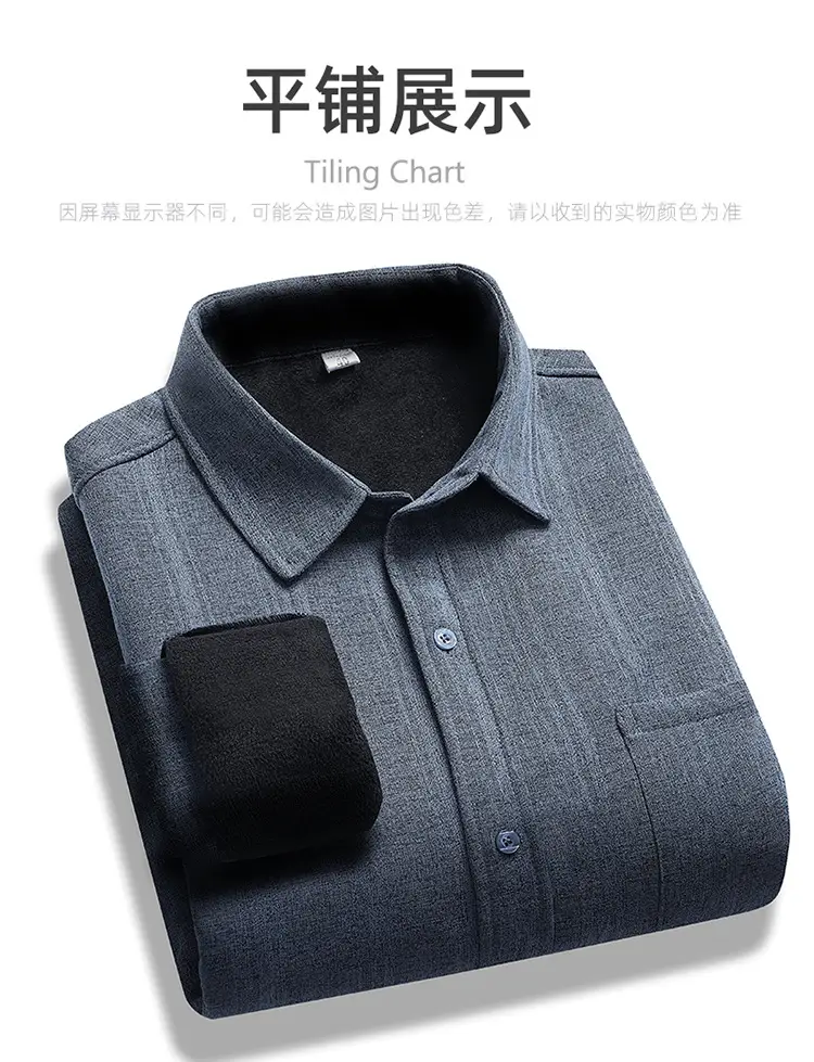 Fleece Lined Men's Shirt Blue Long Sleeve Winter Warm — feature 15