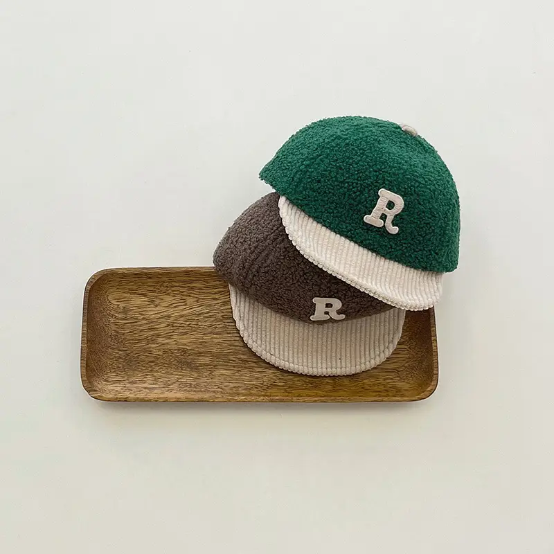 R Letter Korean Wool Baby Cap Green Brown - Image 5