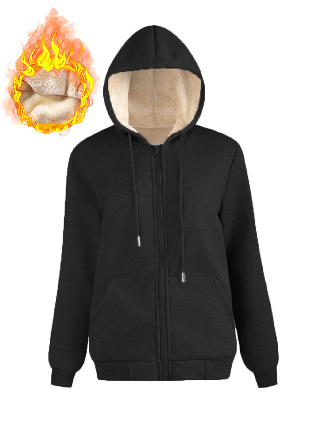Women's Black Warm Hooded Sweatshirt with Fleece Lining - Image 9