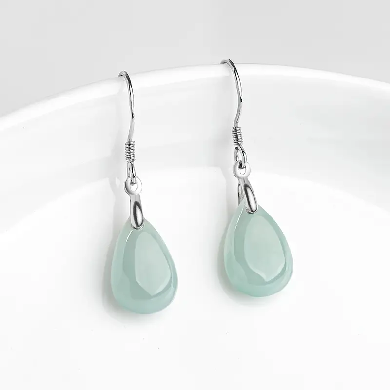 S925 Silver Jade Water Drop Earrings Ice Green - Image 2