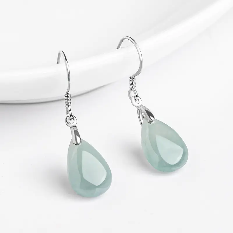 S925 Silver Jade Water Drop Earrings Ice Green - Image 3