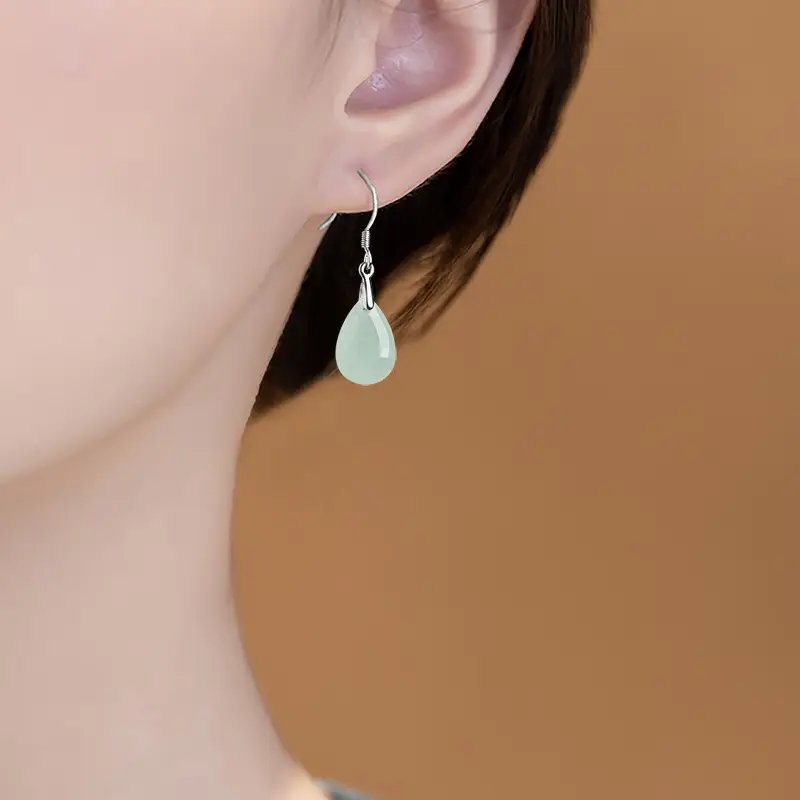 S925 Silver Jade Water Drop Earrings Ice Green - Image 4