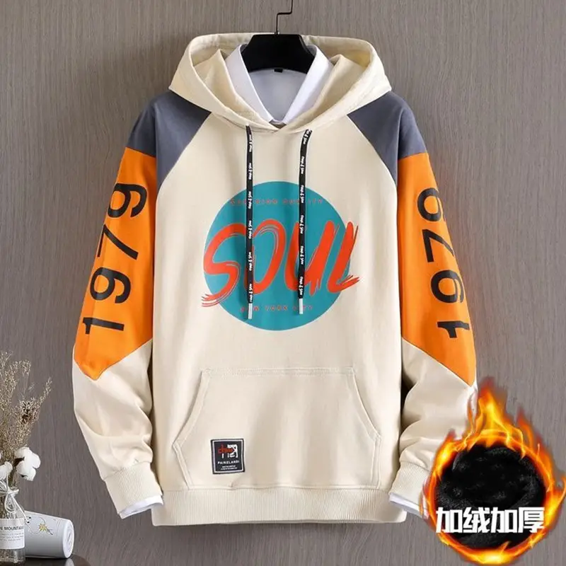 Men Fleece Hoodie White 1970s Print - Image 6