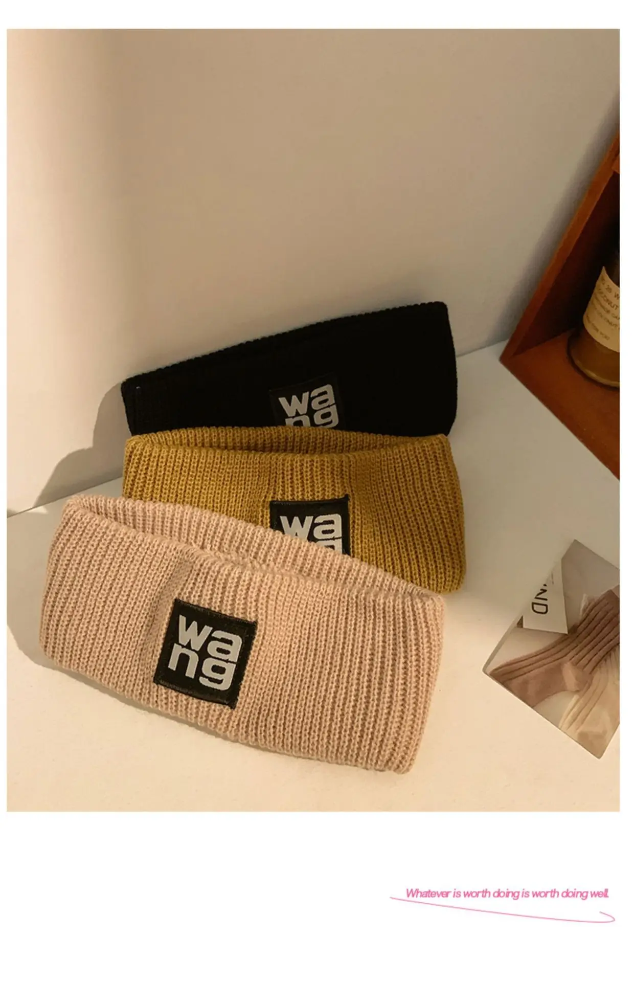 Women's Mini Knitted Wool Winter Headband Brown Black — feature 4
