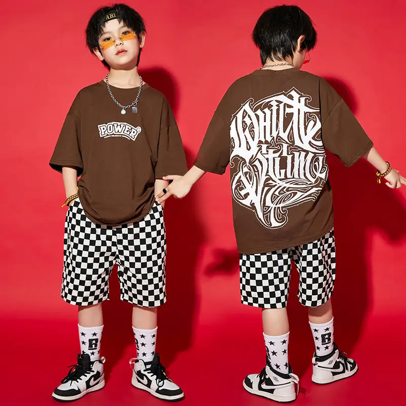 Hip Hop Boys Shorts Set Blue Checkered Performance Suit - Image 5