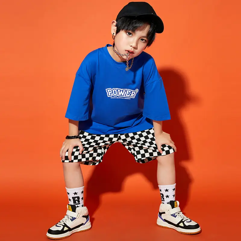 Hip Hop Boys Shorts Set Blue Checkered Performance Suit - Image 6