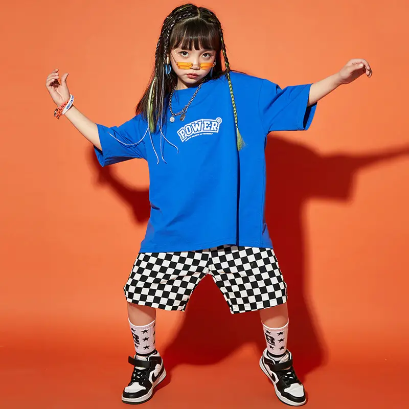 Hip Hop Boys Shorts Set Blue Checkered Performance Suit - Image 7