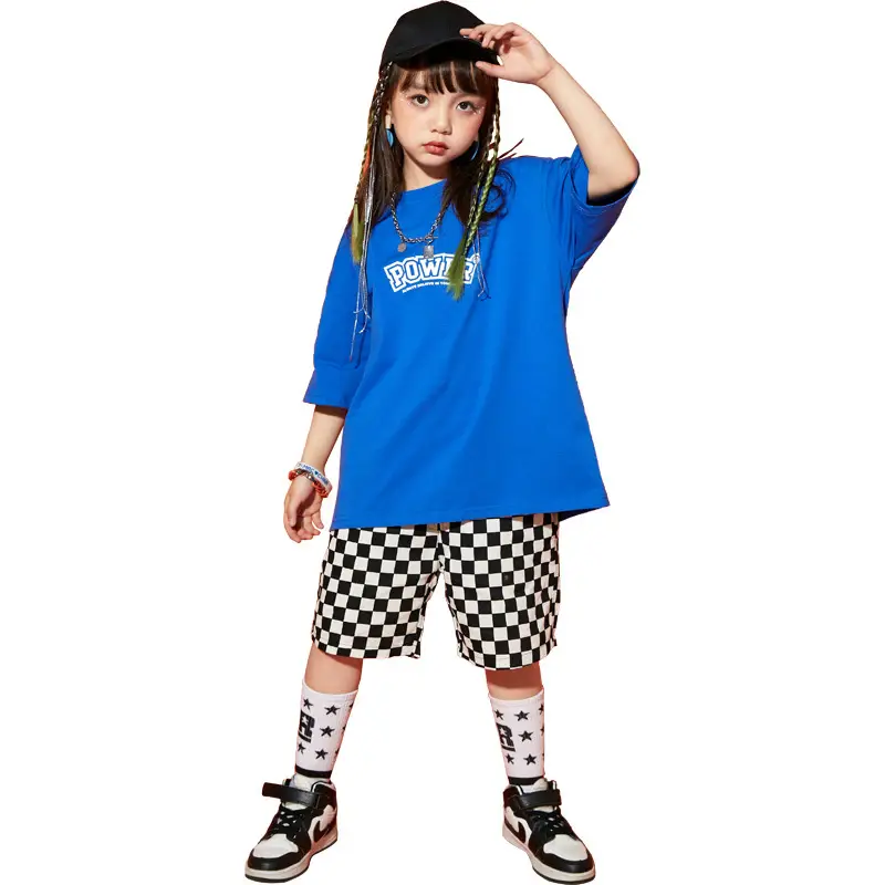 Hip Hop Boys Shorts Set Blue Checkered Performance Suit - Image 8