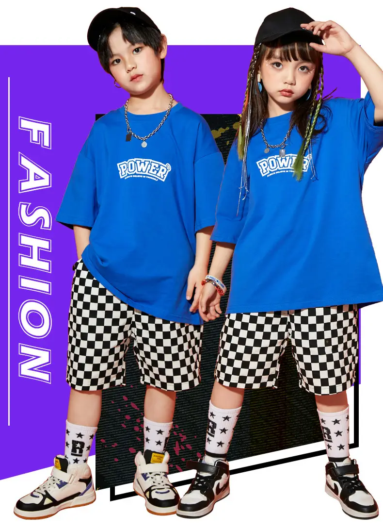 Hip Hop Boys Shorts Set Blue Checkered Performance Suit — feature 1