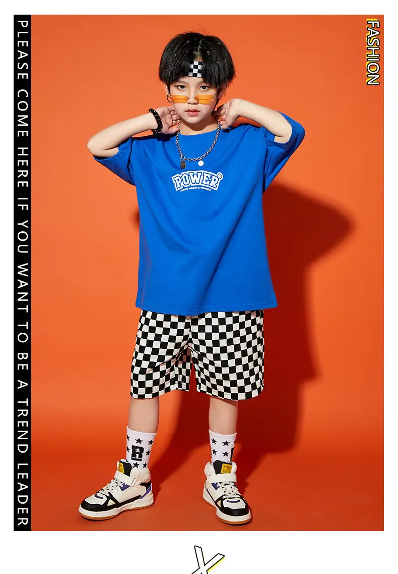 Hip Hop Boys Shorts Set Blue Checkered Performance Suit — feature 10