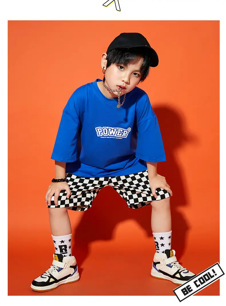 Hip Hop Boys Shorts Set Blue Checkered Performance Suit — feature 11