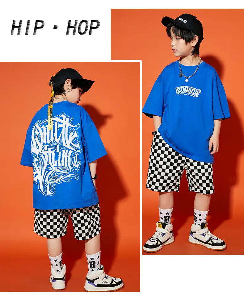 Hip Hop Boys Shorts Set Blue Checkered Performance Suit — feature 12