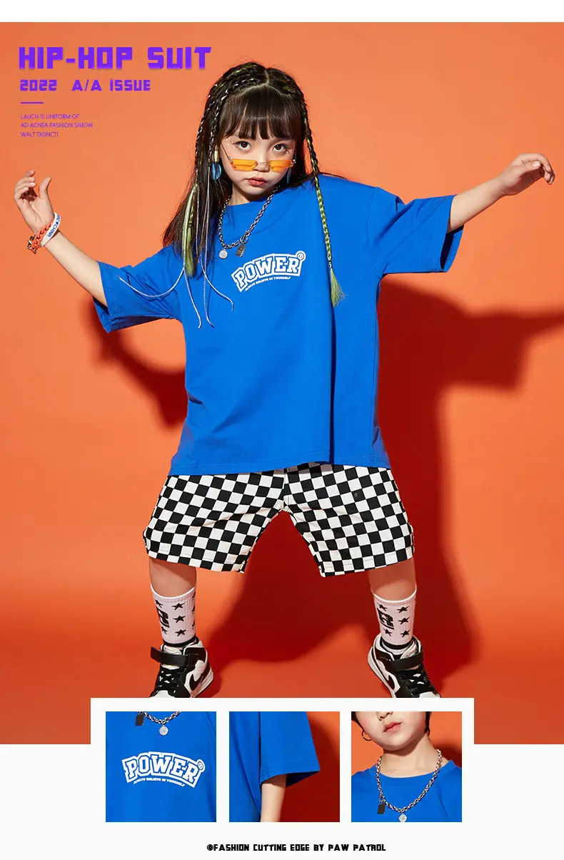 Hip Hop Boys Shorts Set Blue Checkered Performance Suit — feature 2