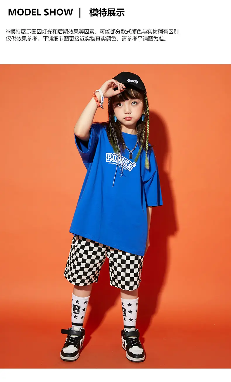 Hip Hop Boys Shorts Set Blue Checkered Performance Suit — feature 5
