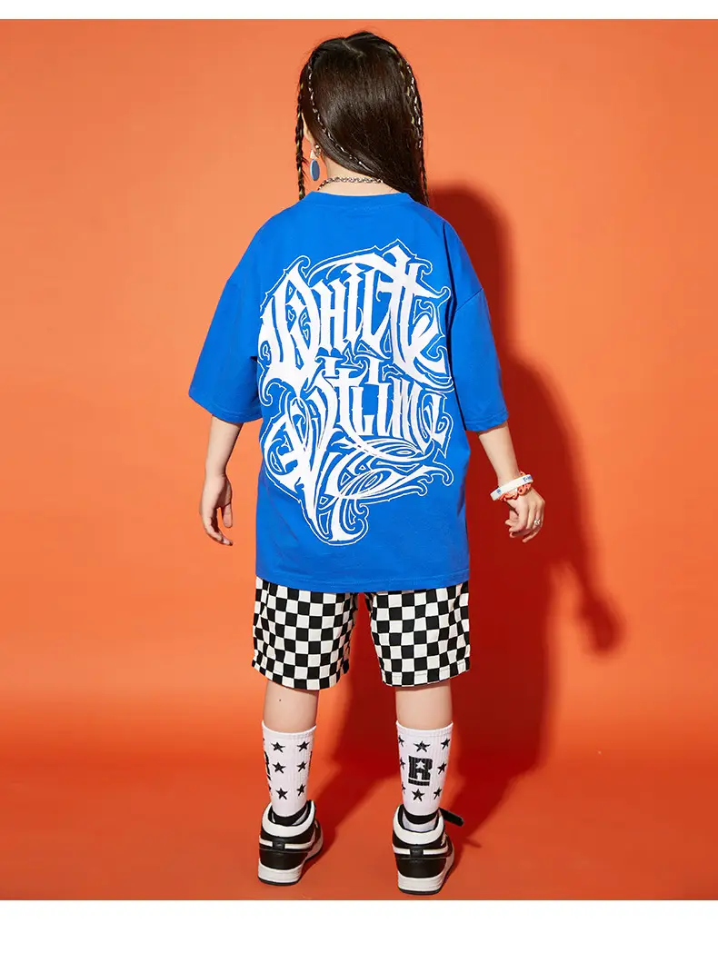 Hip Hop Boys Shorts Set Blue Checkered Performance Suit — feature 7