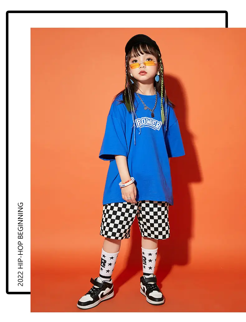 Hip Hop Boys Shorts Set Blue Checkered Performance Suit — feature 8