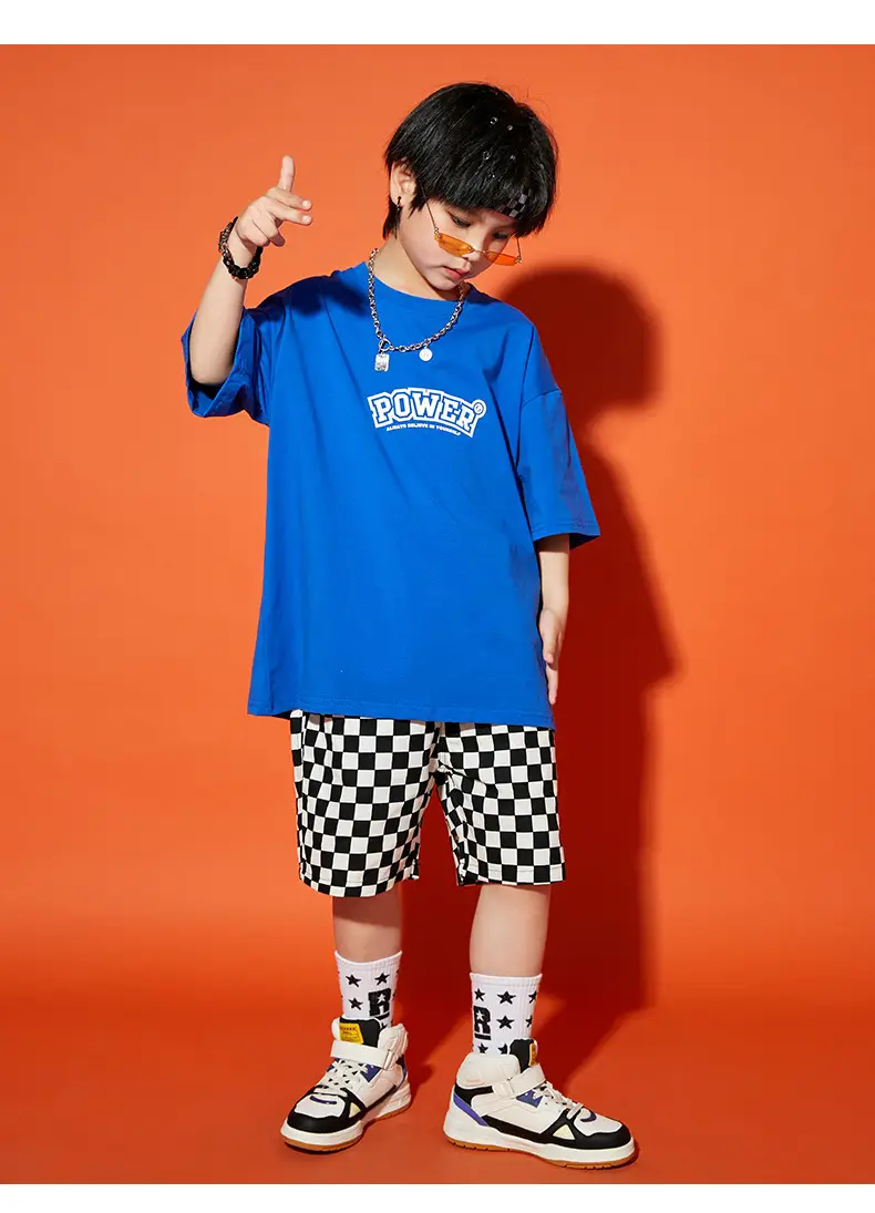 Hip Hop Boys Shorts Set Blue Checkered Performance Suit — feature 9