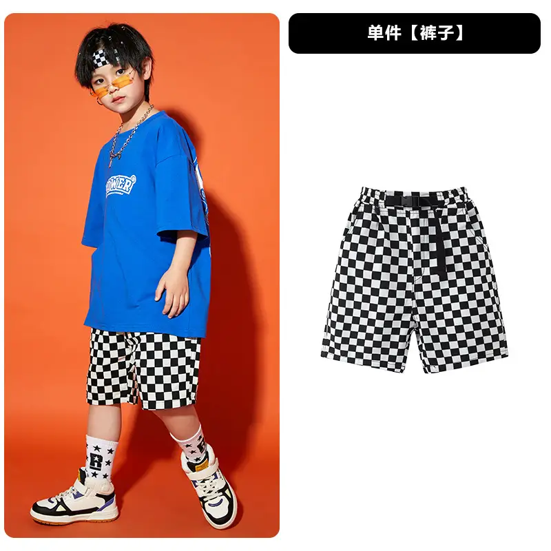 Hip Hop Boys Shorts Set Blue Checkered Performance Suit - Image 2