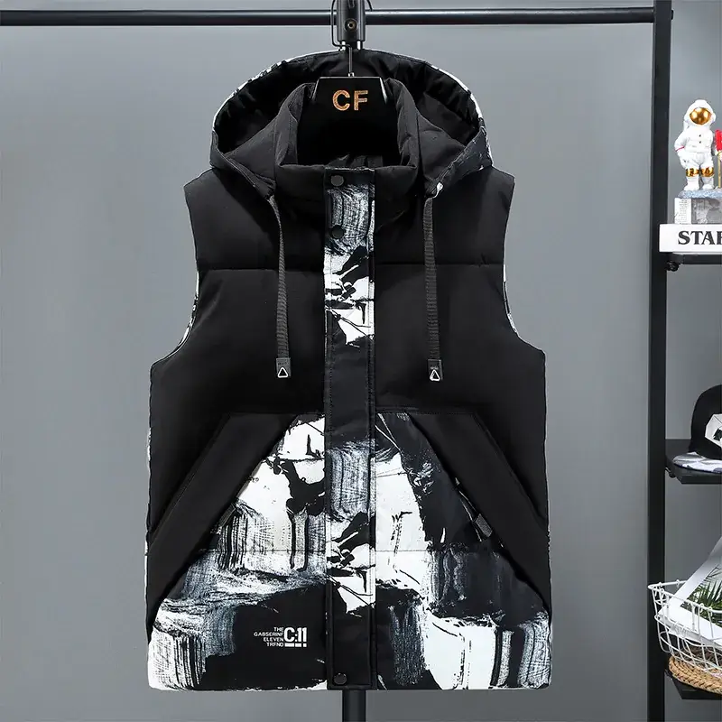 Men's Black Graphic Hooded Vest Large Down Cotton - Image 5
