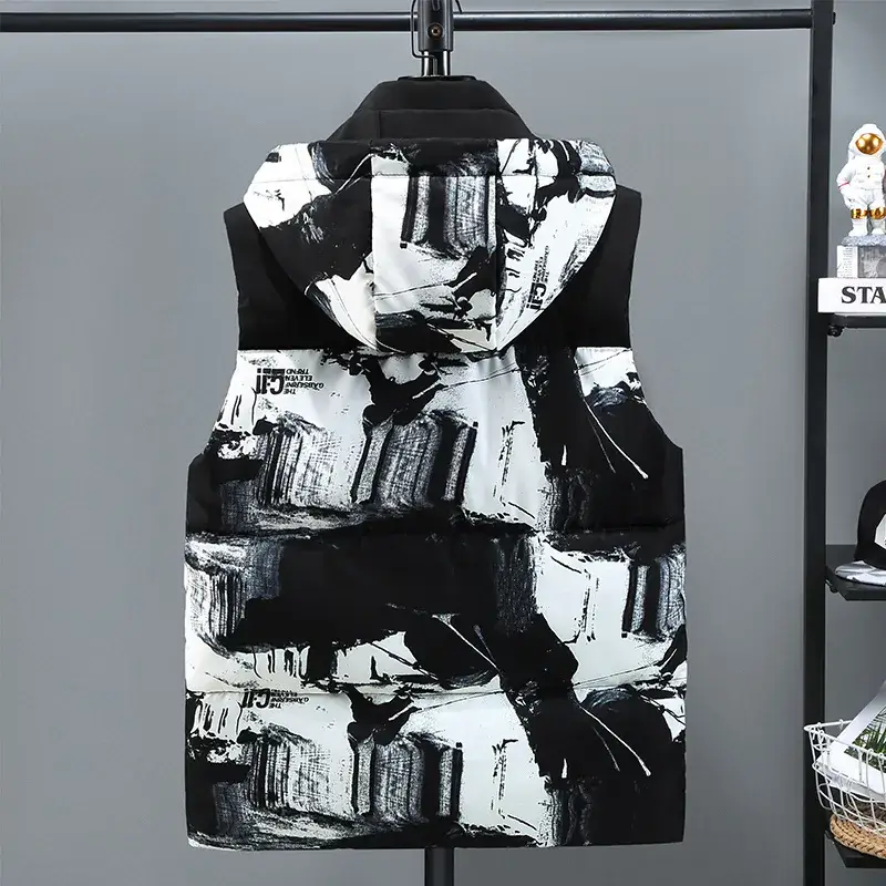 Men's Black Graphic Hooded Vest Large Down Cotton - Image 7