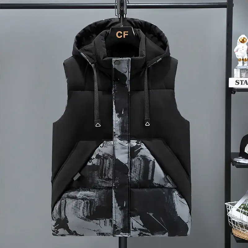 Men's Black Graphic Hooded Vest Large Down Cotton - Image 8