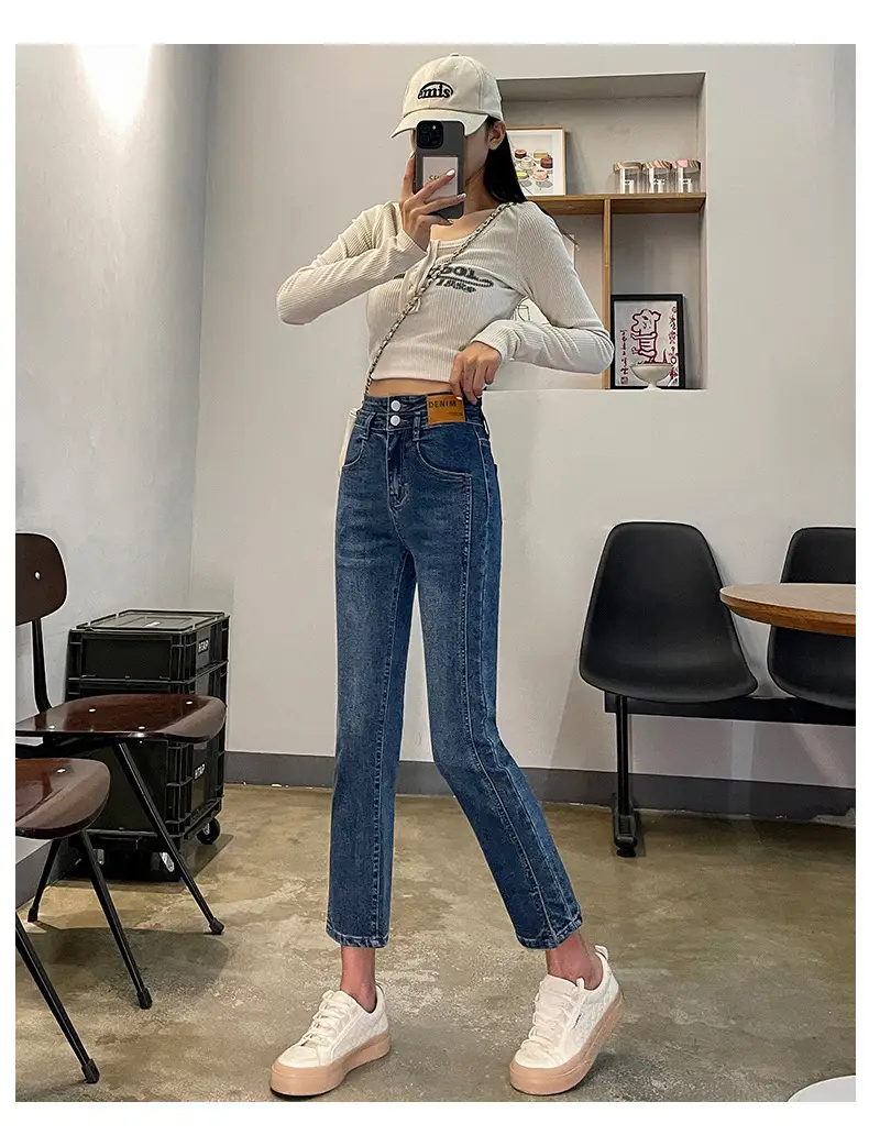 Women Cropped Split Cigarette Pants Blue Warm — feature 13