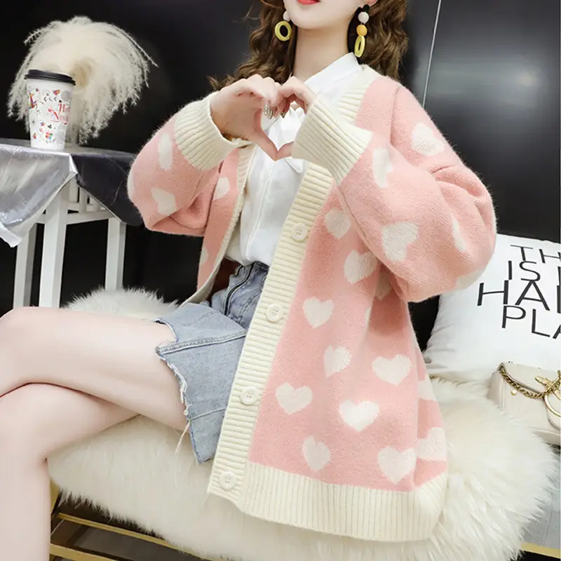 Pink Heart Polka Dot Knitted Cardigan for Women