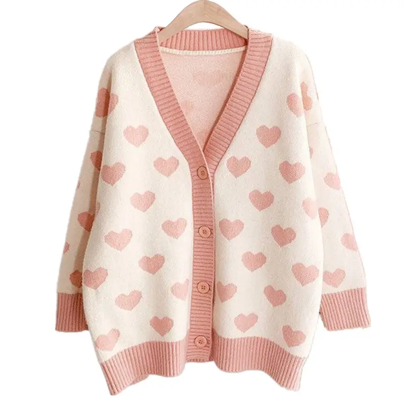 Pink Heart Polka Dot Knitted Cardigan for Women