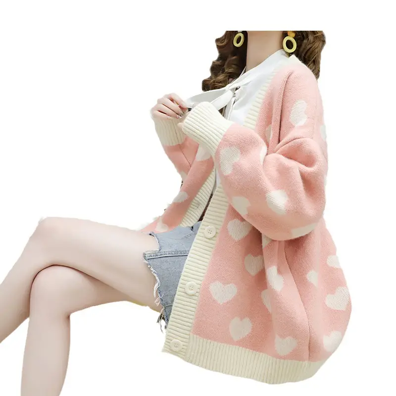 Pink Heart Polka Dot Knitted Cardigan for Women