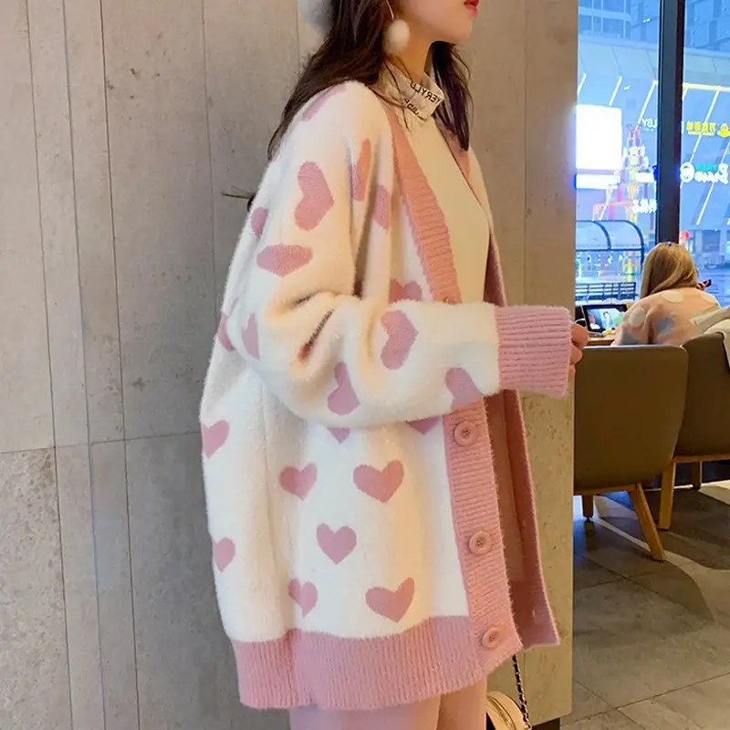 Pink Heart Polka Dot Knitted Cardigan for Women — feature 2