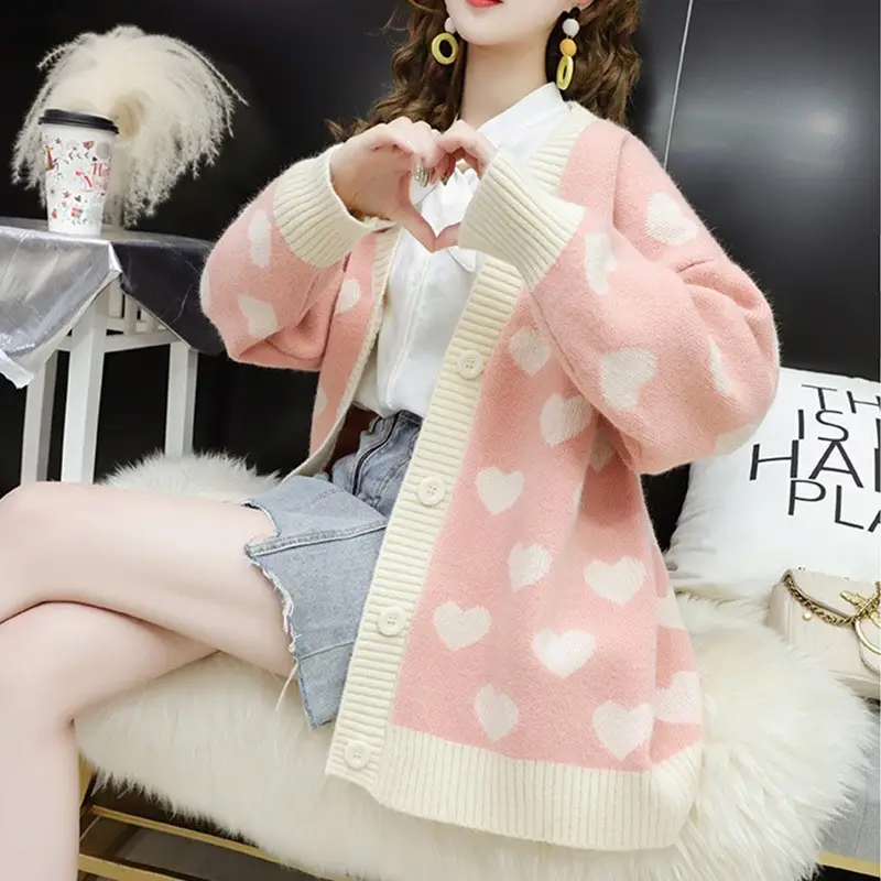 Pink Heart Polka Dot Knitted Cardigan for Women — feature 5