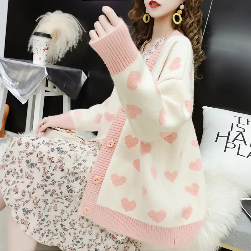 Pink Heart Polka Dot Knitted Cardigan for Women