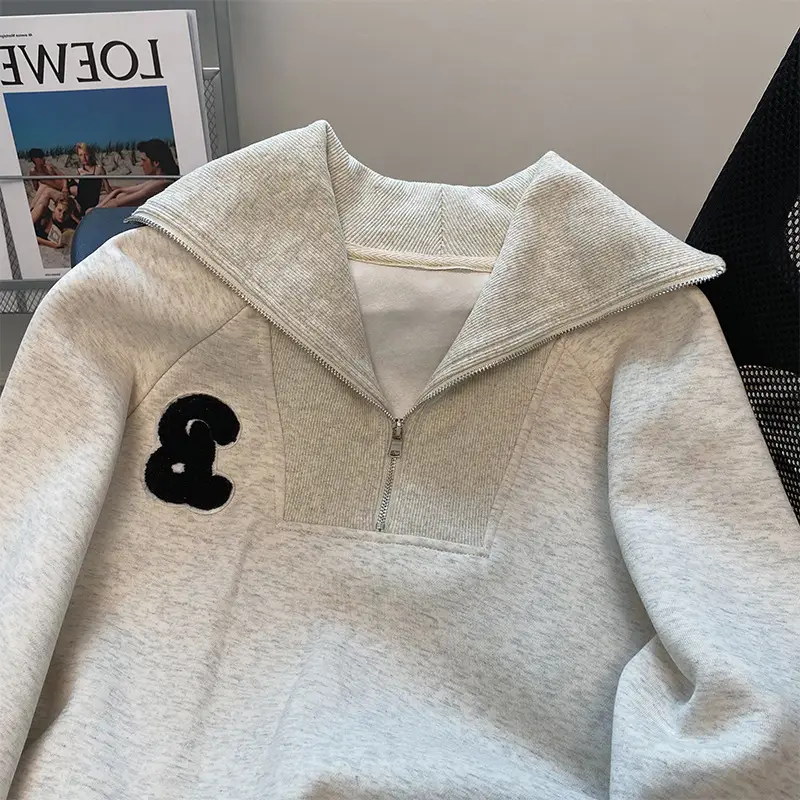 Women's Cream Full-Zip Hoodie with Black Logo