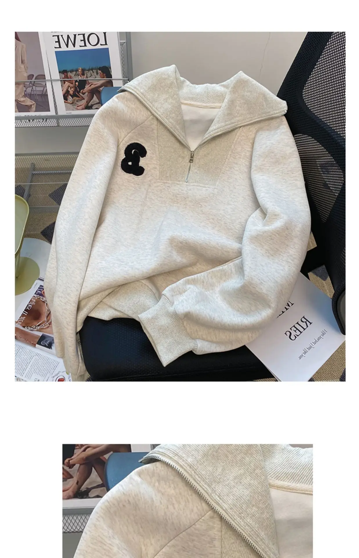 Women's Cream Full-Zip Hoodie with Black Logo — feature 7