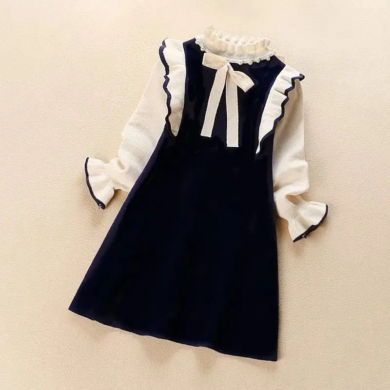 Girls' Black White Knitted Dress Long Sleeve Winter - Image 4