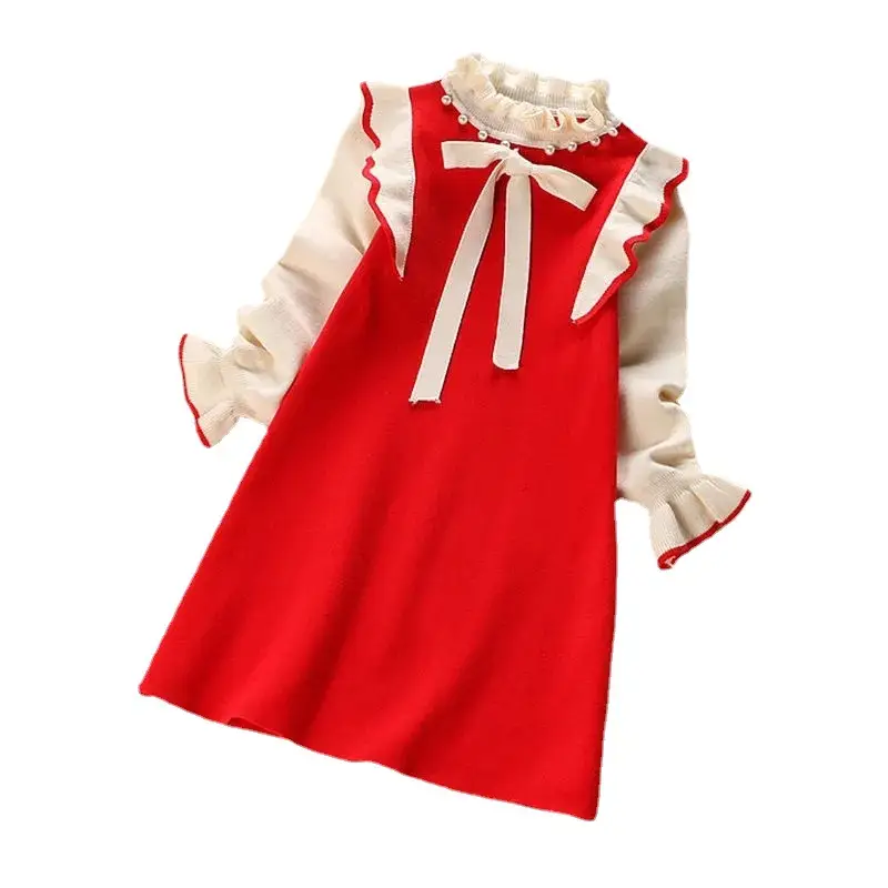 Girls' Black White Knitted Dress Long Sleeve Winter - Image 7