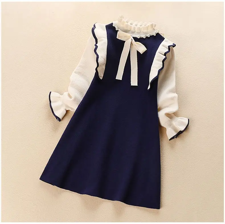 Girls' Black White Knitted Dress Long Sleeve Winter — feature 14