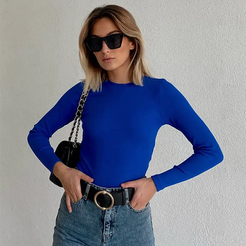 Women Ribbed Round Neck T-Shirt Bright Blue Long Sleeve