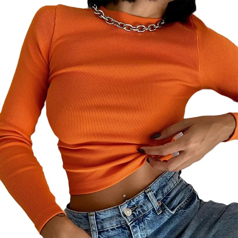 Women Ribbed Round Neck T-Shirt Bright Blue Long Sleeve