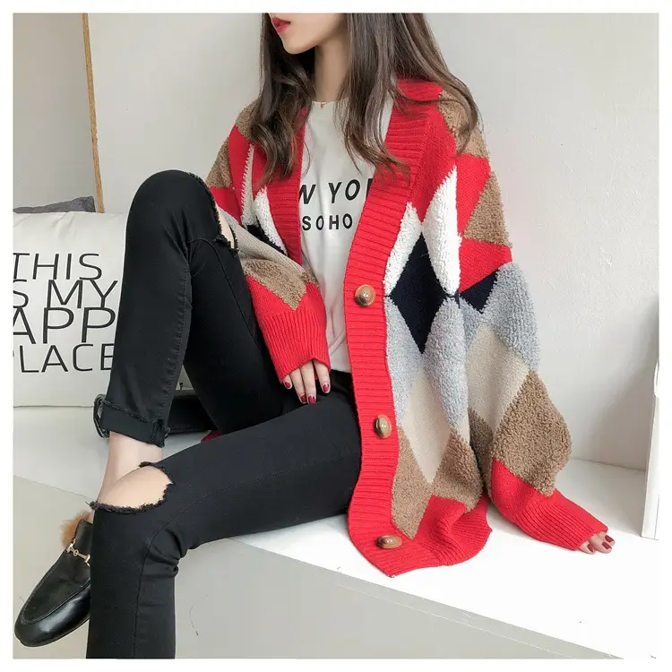 Women Knitted V-Neck Argyle Cardigan 2025 Winter - Image 7