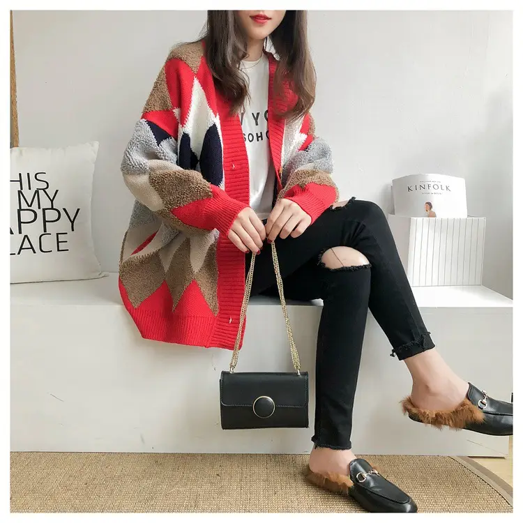 Women Knitted V-Neck Argyle Cardigan 2025 Winter - Image 9