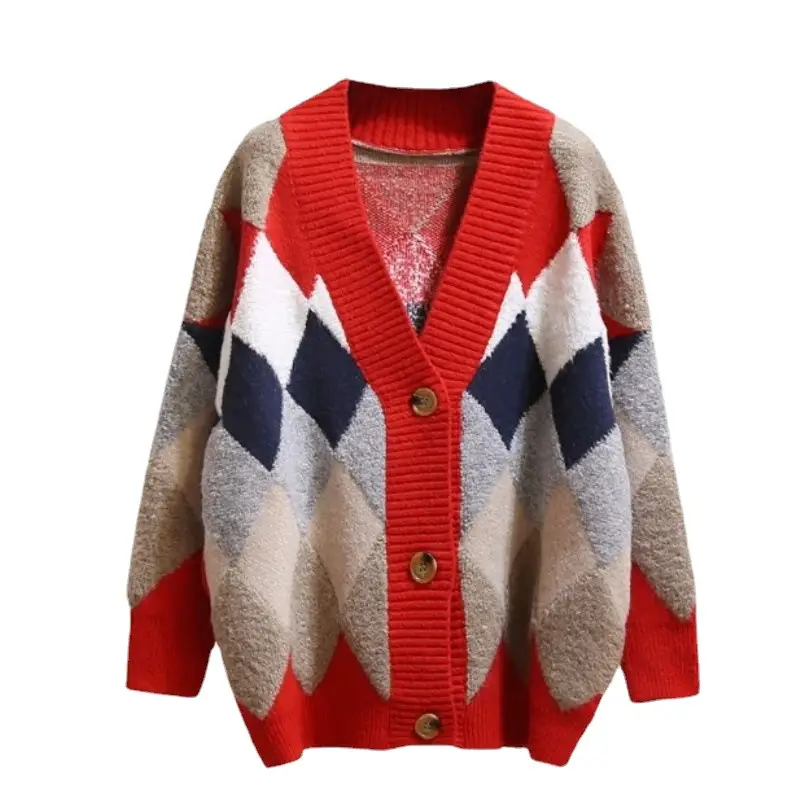 Women Knitted V-Neck Argyle Cardigan 2025 Winter - Image 10
