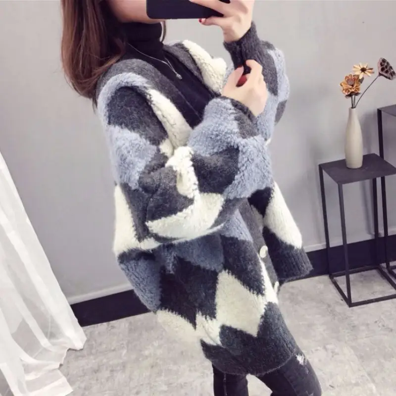 Women Knitted V-Neck Argyle Cardigan 2025 Winter - Image 5