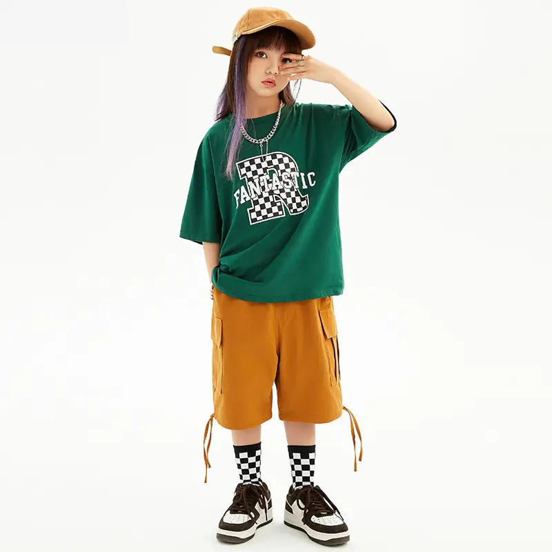 Hip-hop Kids Performance Suit Green Brown Shorts Set - Image 4