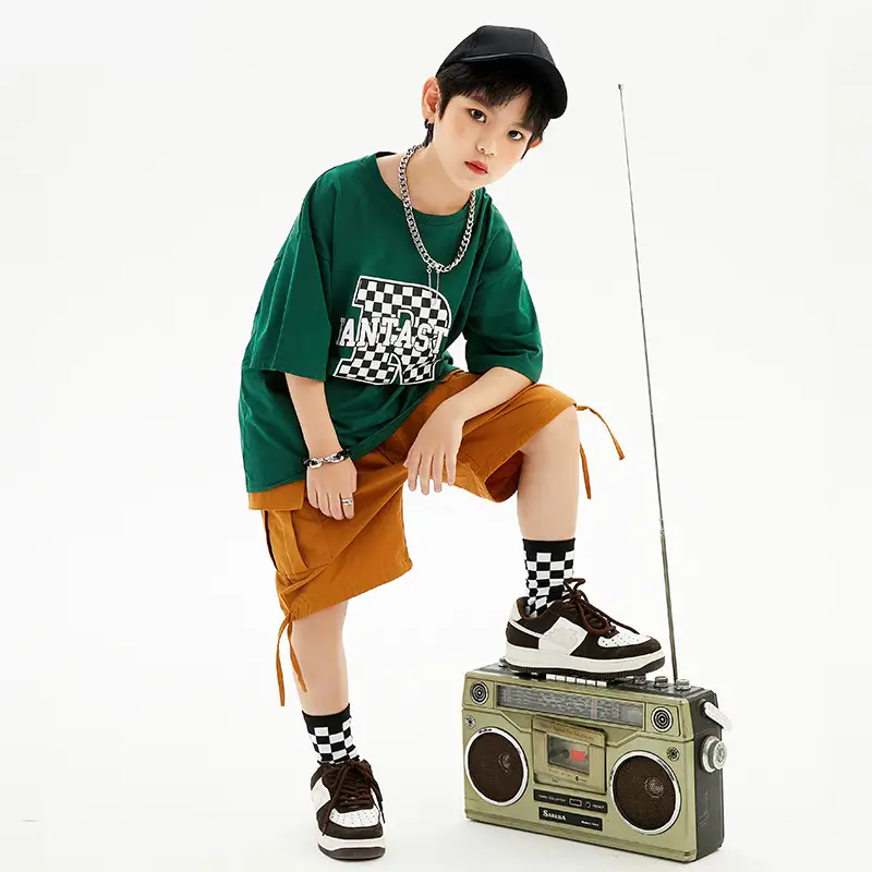 Hip-hop Kids Performance Suit Green Brown Shorts Set - Image 6