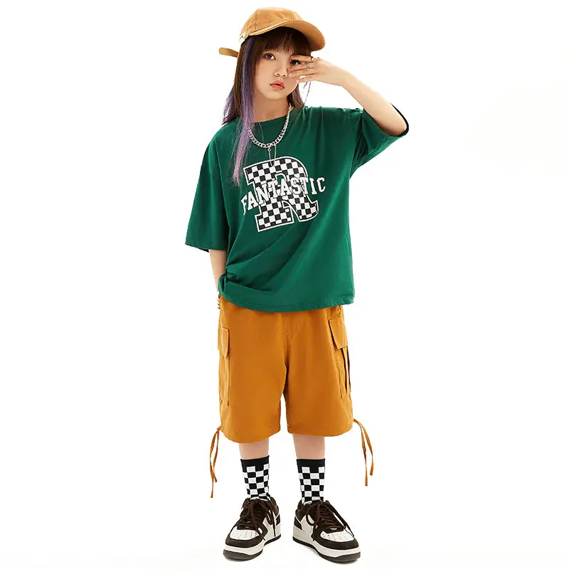 Hip-hop Kids Performance Suit Green Brown Shorts Set - Image 7