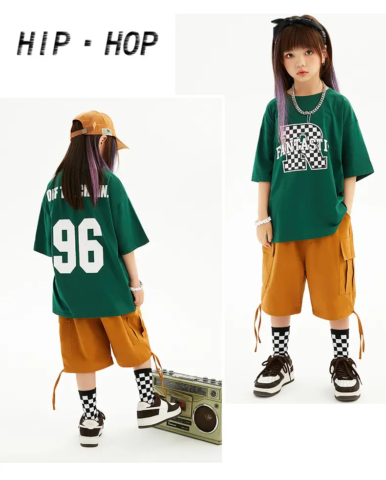 Hip-hop Kids Performance Suit Green Brown Shorts Set — feature 12