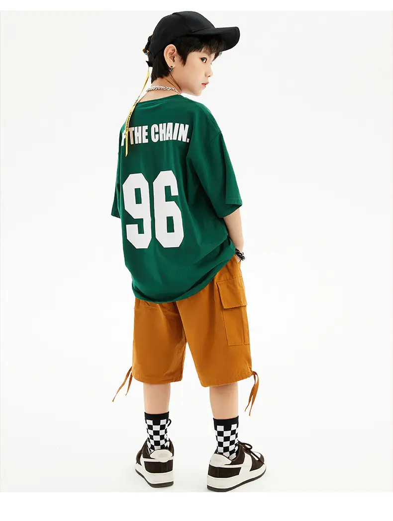 Hip-hop Kids Performance Suit Green Brown Shorts Set — feature 7