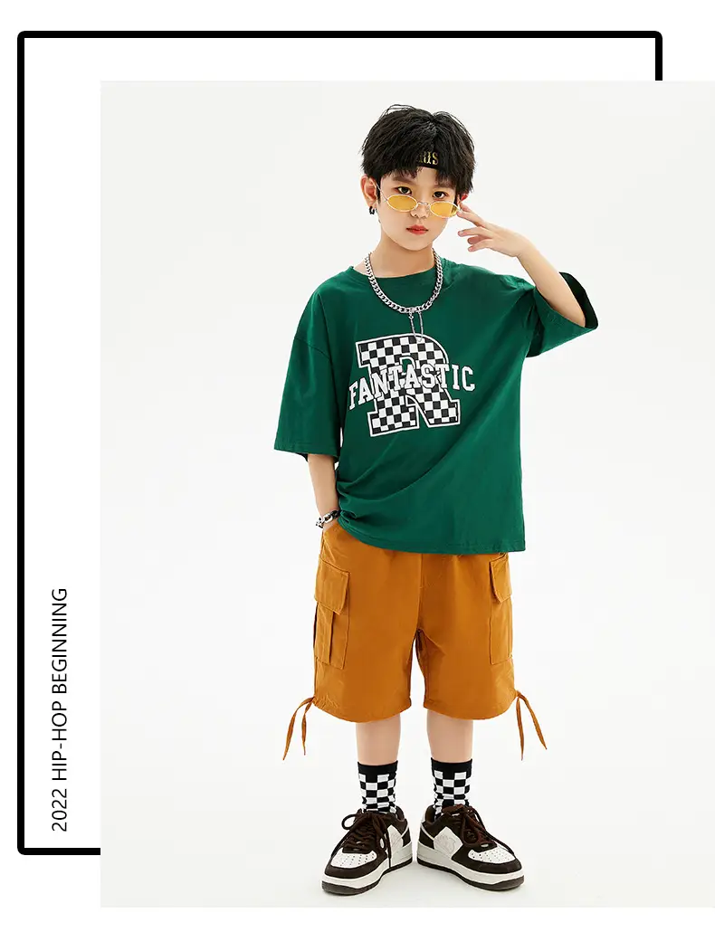 Hip-hop Kids Performance Suit Green Brown Shorts Set — feature 8