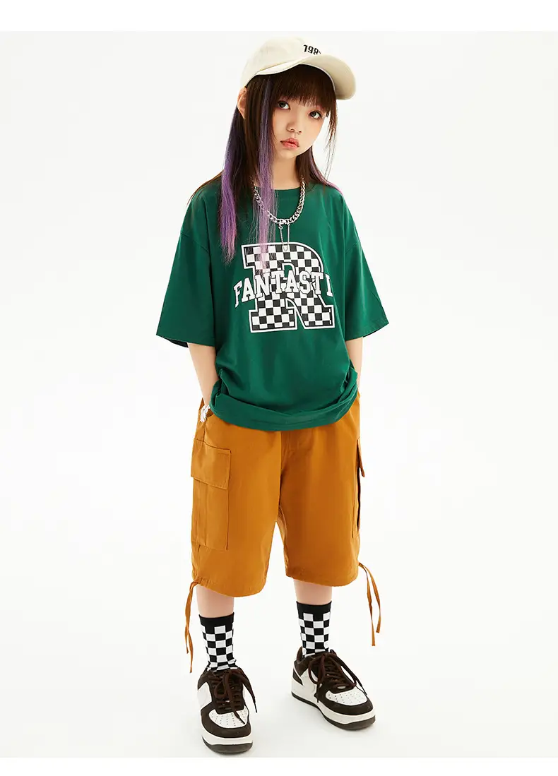 Hip-hop Kids Performance Suit Green Brown Shorts Set — feature 9